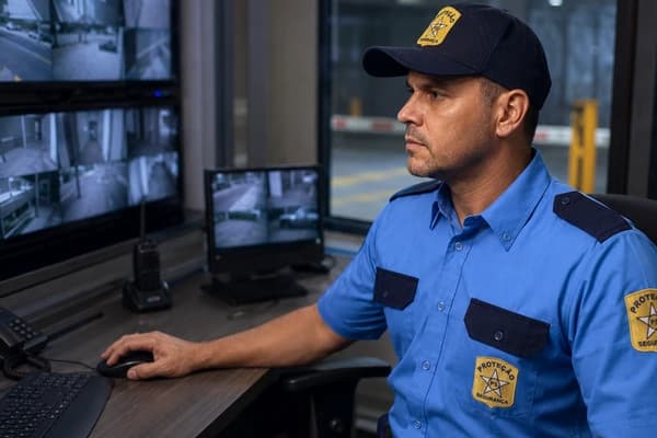 Profissional PS Proteção rigorosamente fardado em posto de monitoramento