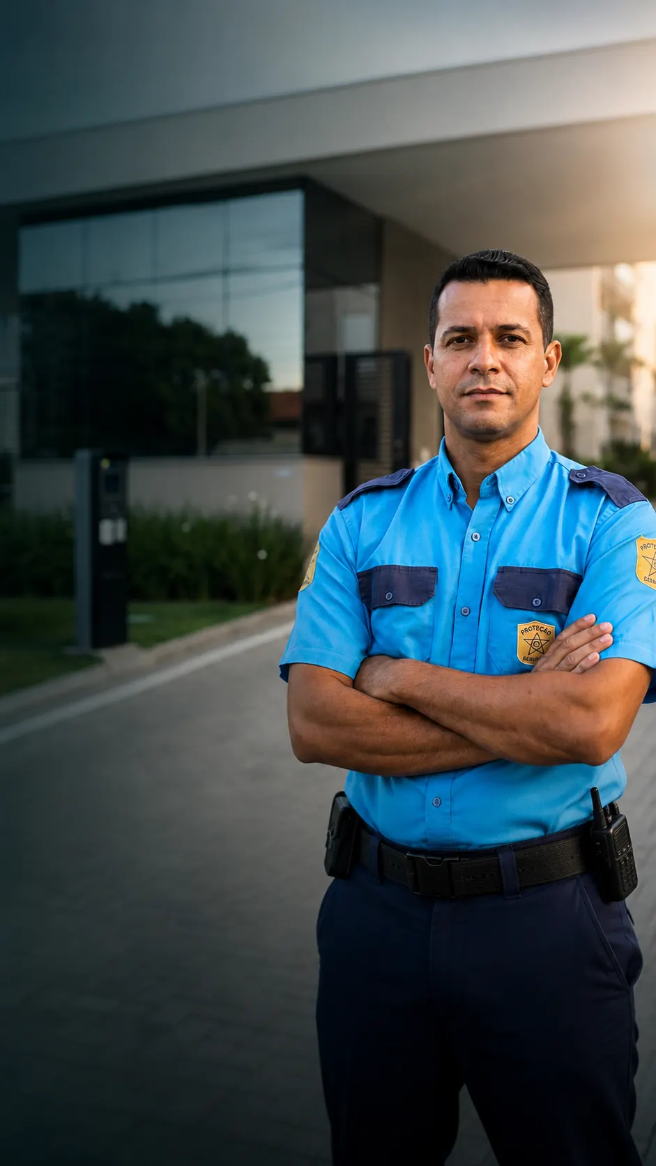 Profissional de segurança da PS Proteção em frente a uma portaria monitorada