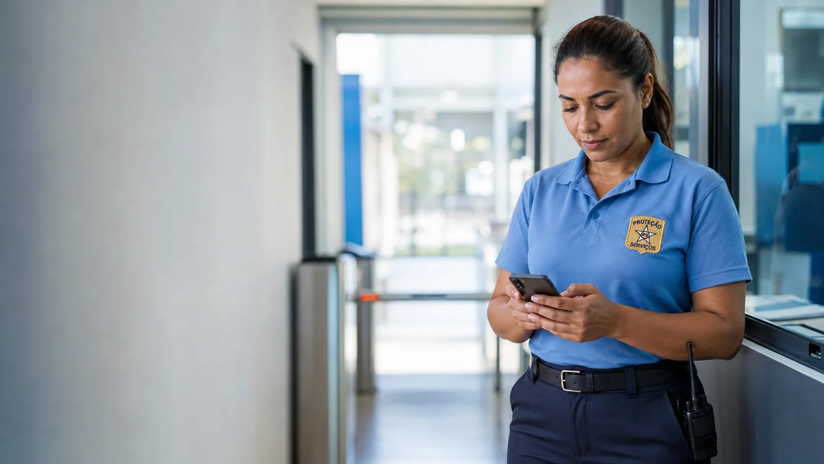 Colaboradora da PS Proteção consultando o celular durante o trabalho
