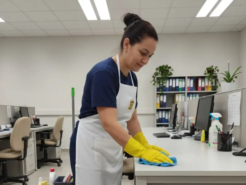 Equipe de limpeza profissional em ambiente corporativo
