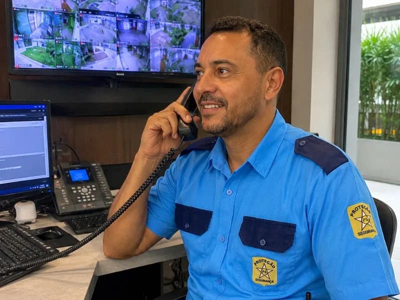 Porteiro da PS Proteção em posto de controle de acesso