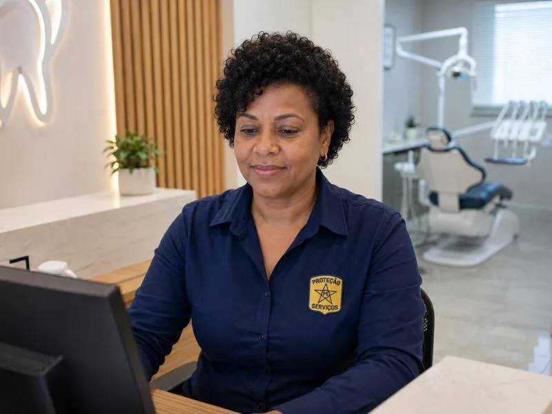 Recepcionista da PS Proteção atendendo em portaria corporativa