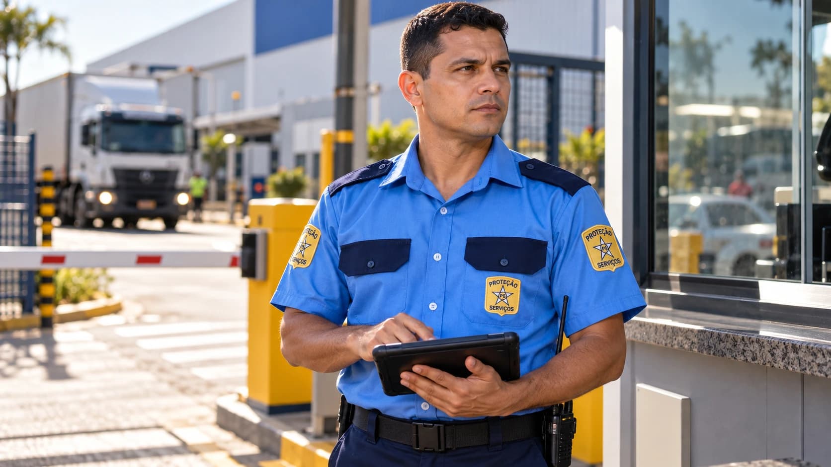 Profissional de segurança da PS Proteção em frente a uma portaria monitorada